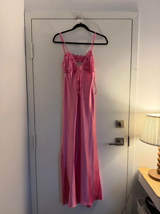 Zara Pink Satin Slip Dress with Ruffle Bust - Picture 2 of 5